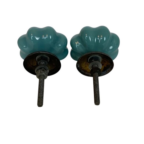 Vintage Style Teal Ceramic Pumpkin Drawer Knobs Set Of 2 For Cabinets Furniture - Picture 4 of 4